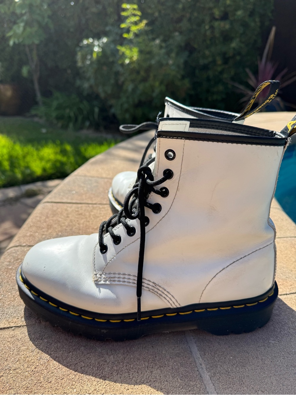 Dr. Martens White Leather Lace-Up Boots with Black Accents - Picture 2 of 15